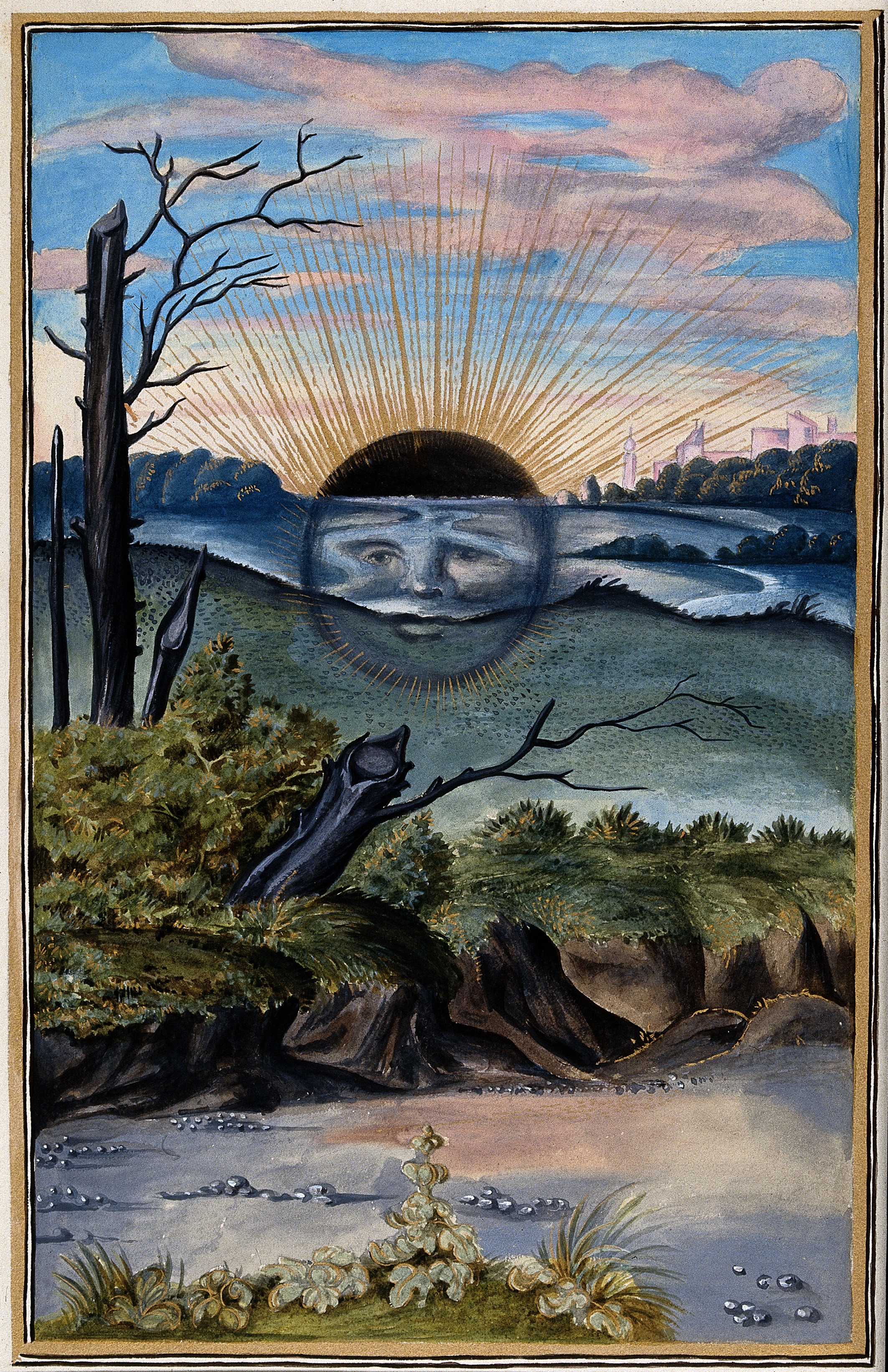 A black sun with a face descends behind the horizon of a mar Wellcome V0025641.jpg