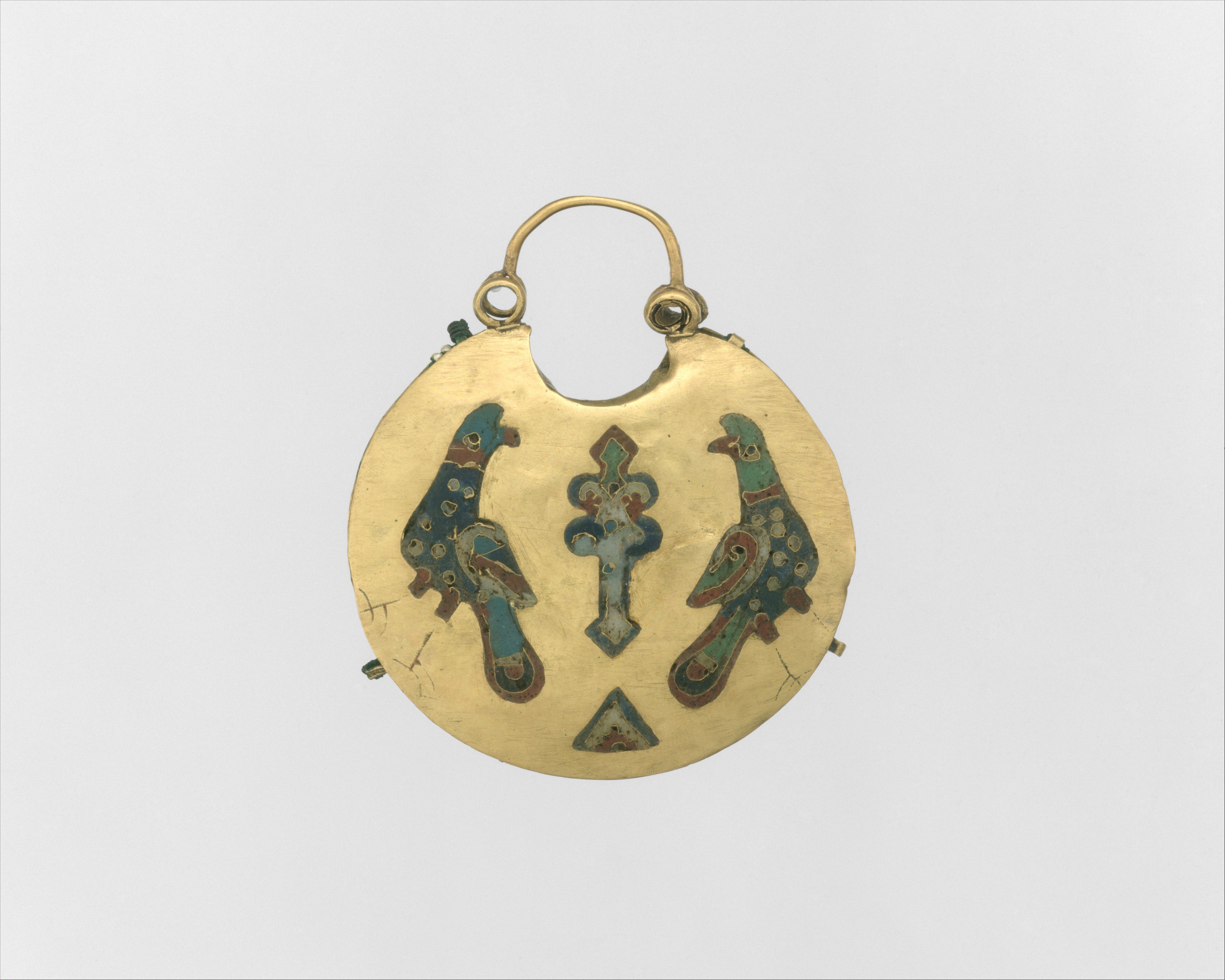 One of a Pair of Temple Pendants, with Two Birds Flanking a Tree of Life (front) and Leaf and Rosette Motifs (back)